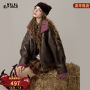 撞色外套新年穿搭 新款 妖精 口袋复古夹克毛绒棉服皮衣女2025冬季