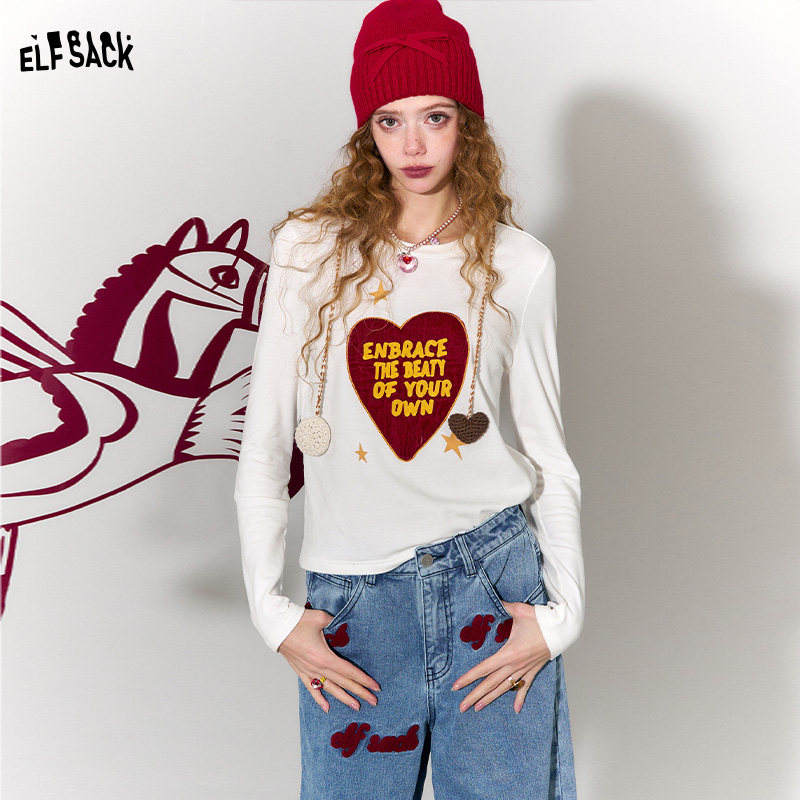 妖精的口袋白色爱心拼接长袖t恤女2026年春新款内搭上衣新年战袍