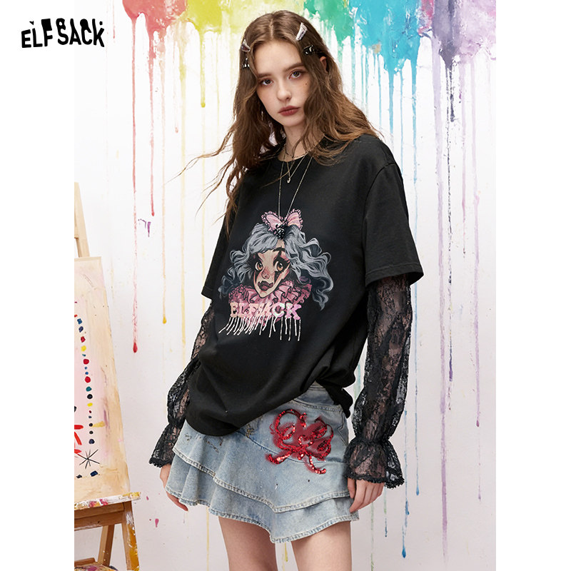 妖精的口袋蕾丝拼接黑色印花长袖t恤女2026春新款设计感宽松上衣
