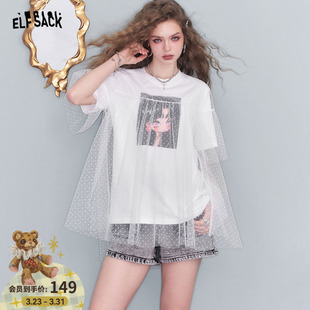 妖精 t恤女2025夏设计感小众上衣 口袋波点网纱拼接白色印花短袖