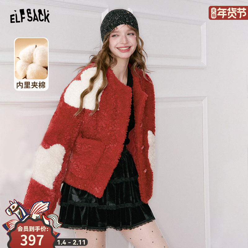 妖精的口袋仿毛绒短款夹棉毛呢外套女2025冬新款新年战袍红色上衣,女装/女士精品,毛呢外套,淘宝优惠券,粉丝福利购,淘宝优惠卷