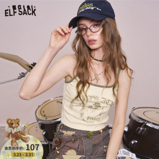 设计感无袖 新款 上衣 口袋刷金印花休闲吊带背心女2026年夏季 妖精