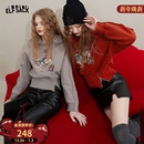 新款 复古印花连帽卫衣女2025冬季 新年战袍红色上衣 口袋美式 妖精