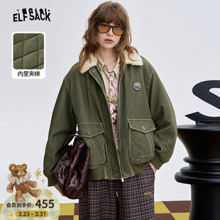 毛绒翻领肌理感夹克 新款 妖精 口袋复古军绿色棉衣外套女2026冬季