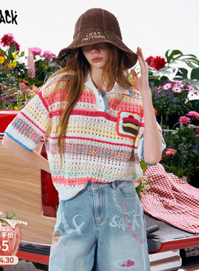 妖精的口袋多巴胺彩色镂空短袖针织衫女2026夏季新款甜美撞色上衣