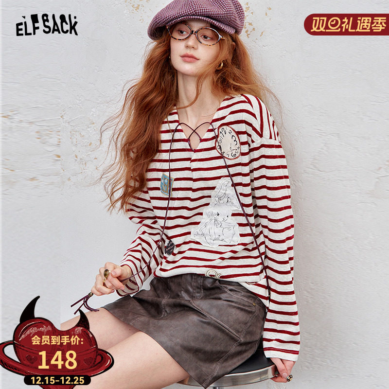 妖精的口袋复古条纹系带针织衫女2025秋冬慵懒风圣诞穿搭红色上衣