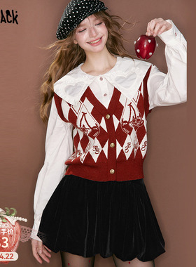 妖精的口袋格纹提花针织马甲女2026年冬新款外搭叠穿小众红色上衣