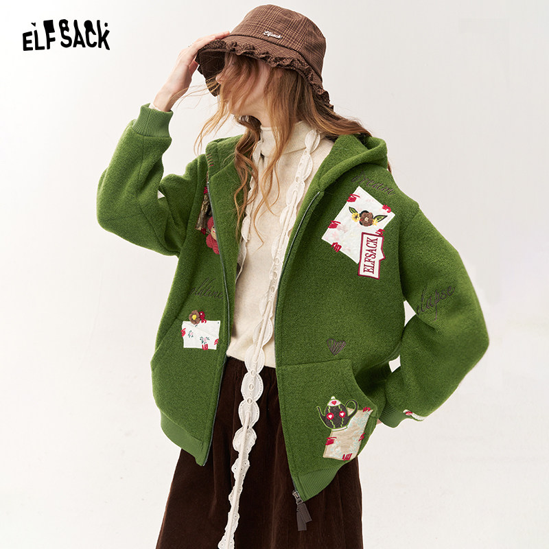 妖精的口袋趣味贴布短款毛呢外套女2025冬新款小个子设计感厚外套