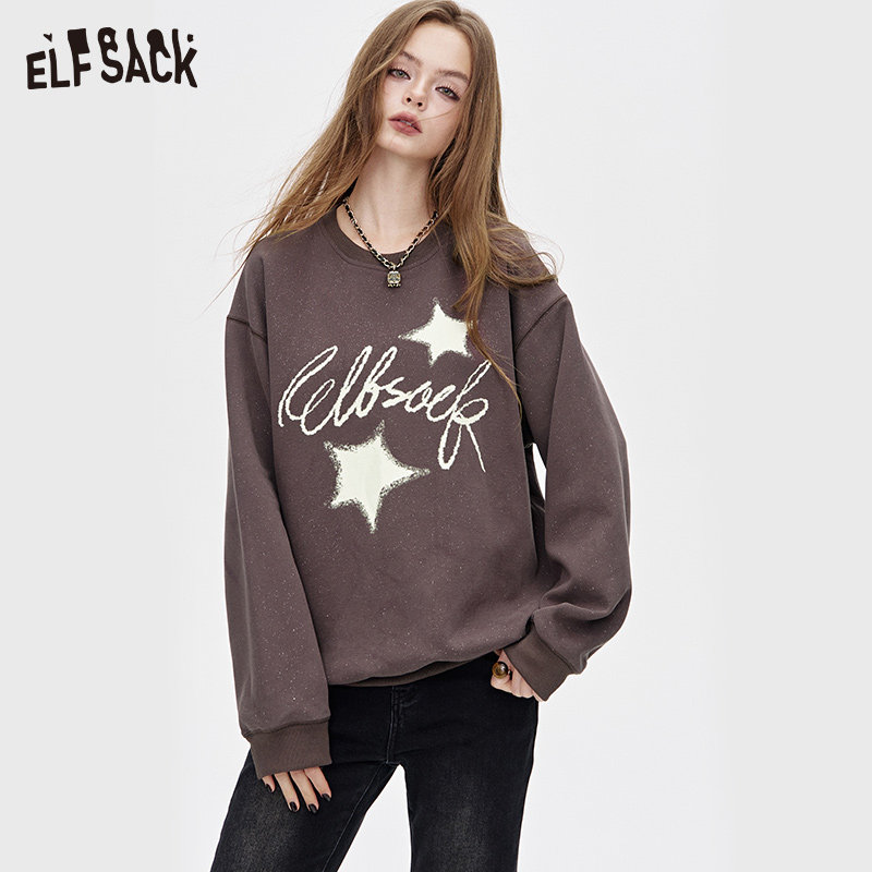 妖精的口袋复古美式宽松圆领套头卫衣女2025年秋季新款休闲上衣