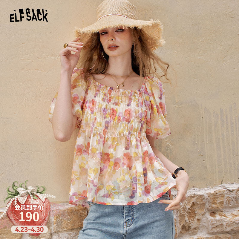 妖精的口袋碎花泡泡袖法式雪纺衫女2025年夏季新款度假风绝美小衫