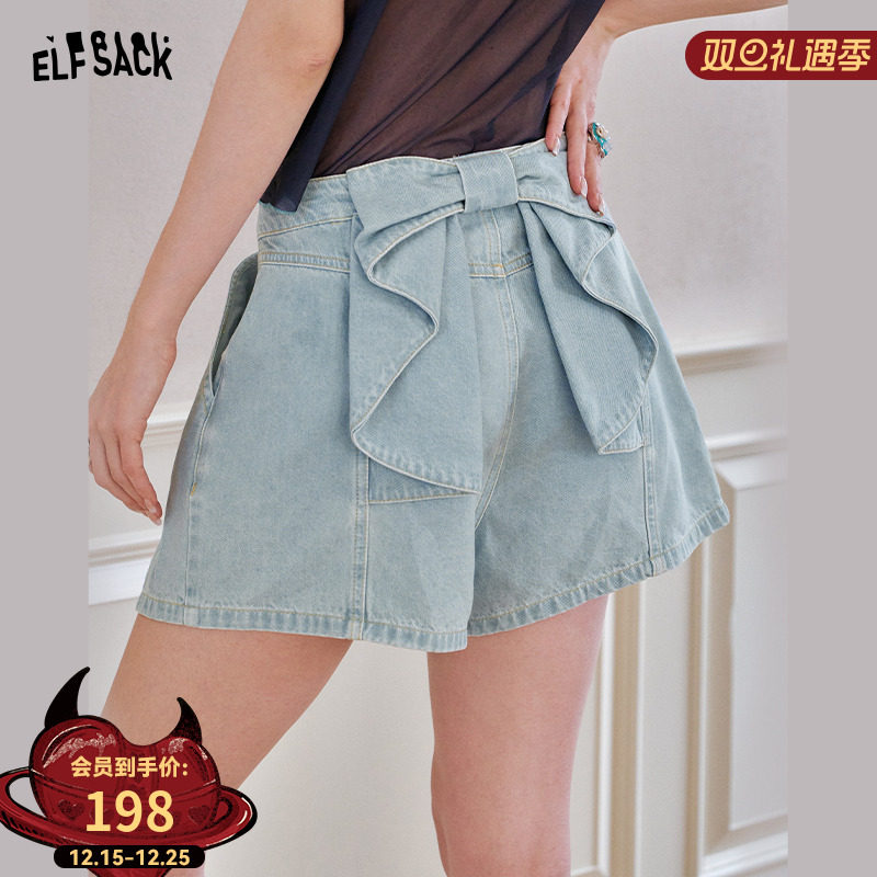 妖精的口袋蝴蝶结浅色高腰牛仔短裤女2025年夏季新款宽松直筒裤子