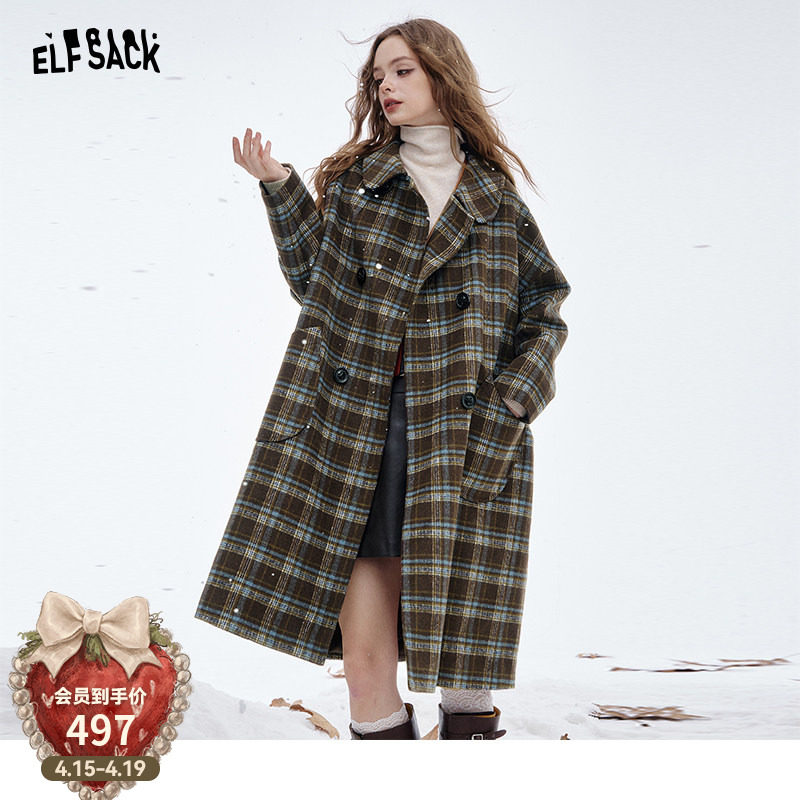 妖精的口袋格纹撞色娃娃领长款毛呢外套女2025冬季新款甜美呢大衣