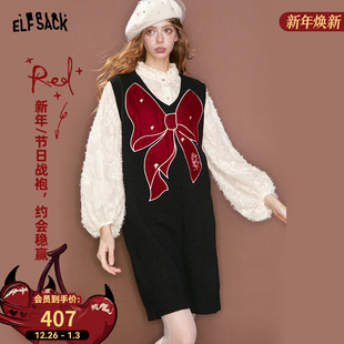 新年穿搭 新款 妖精 口袋丝绒蝴蝶结雪纺拼接连衣裙女2025年冬季