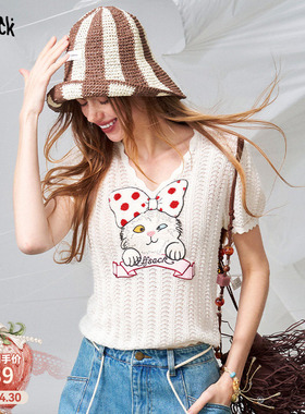 妖精的口袋白色猫咪刺绣v领短袖针织衫女2026年夏季新款显瘦上衣