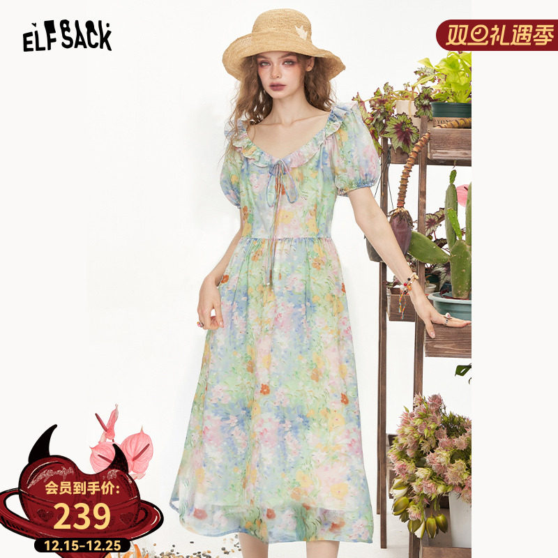 妖精的口袋油画碎花泡泡袖连衣裙女2025年夏季新款掐腰气质长裙子