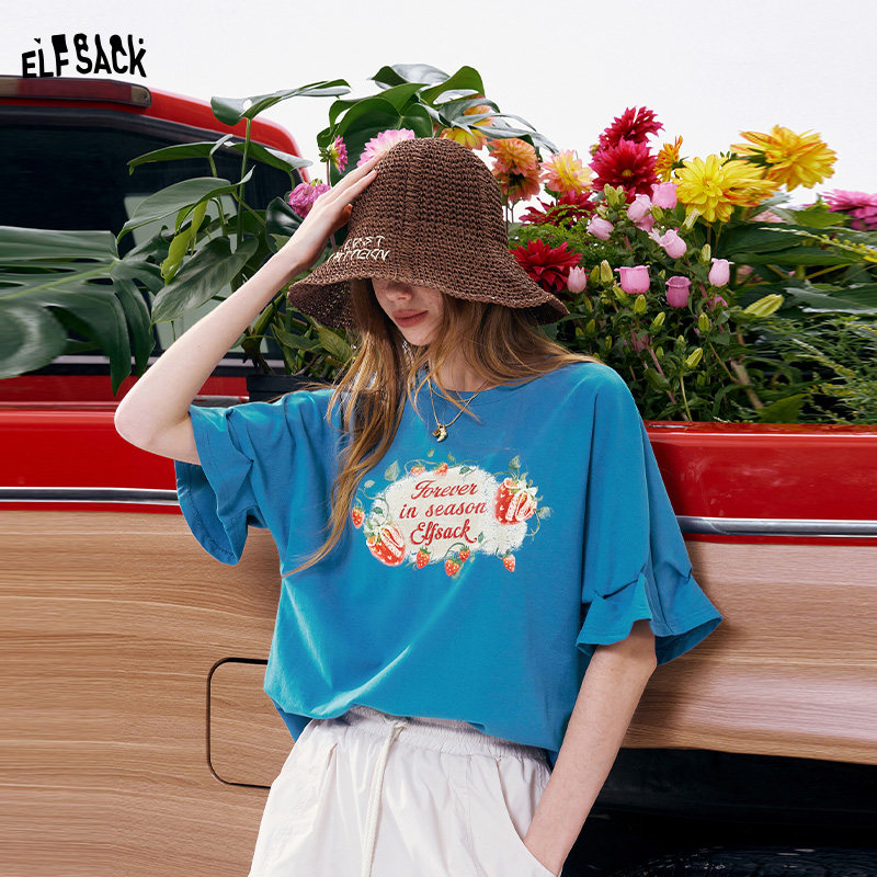 妖精的口袋蓝色印花荷叶边短袖t恤女2026年夏新款设计感宽松上衣
