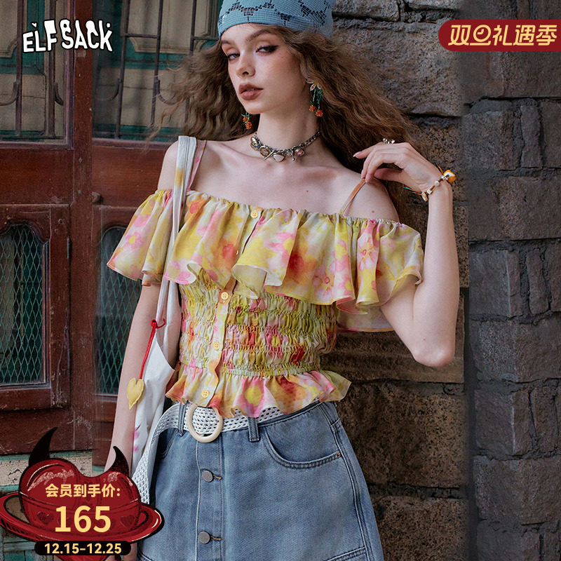 妖精的口袋碎花修身一字肩雪纺衫女2025年夏季新款绝美吊带小衫