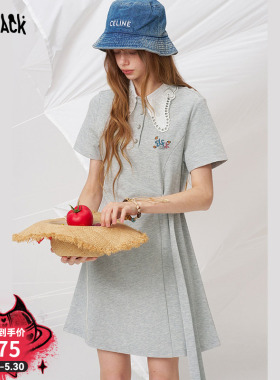 妖精的口袋字母刺绣灰色miu系连衣裙女2026夏季新款收腰减龄T恤裙