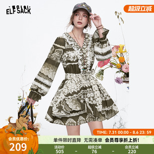 妖精 度假风气质裙子 口袋宫廷风复古印花长袖 连衣裙女2025春新款