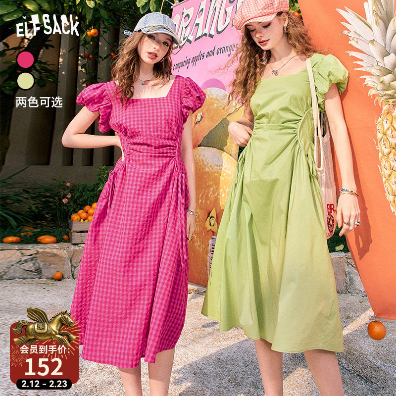 妖精的口袋法式方领格子泡泡袖连衣裙女2025夏季新款收腰气质裙子