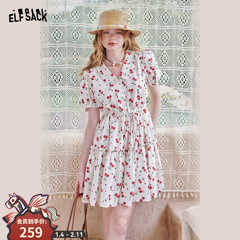 妖精的口袋樱桃印花收腰连衣裙女2025年夏季新款甜美气质短款裙子