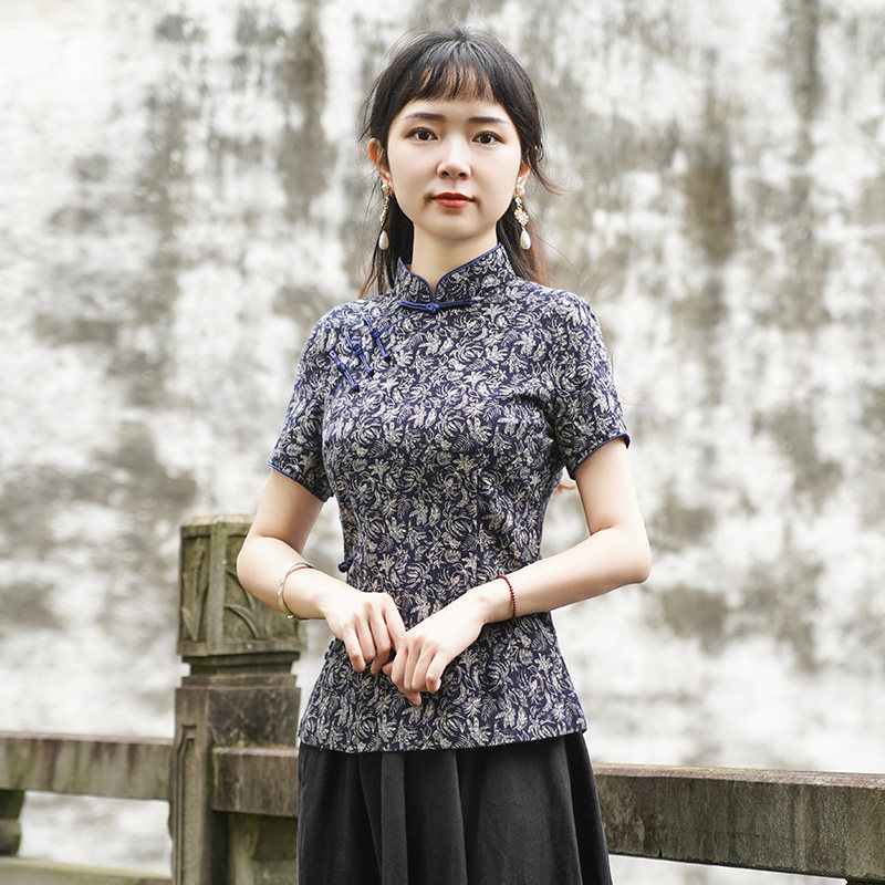 筠雅唐装女中国风夏季改良旗袍碎花上衣棉麻时尚复古减龄中式女装