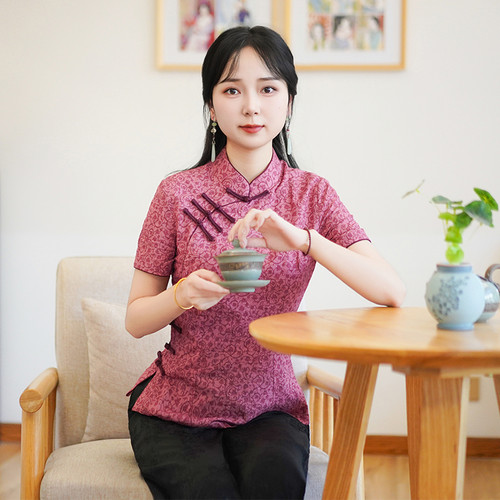 筠雅夏季新款中式复古改良新中式唐装上衣有色斜襟短袖女装35J129