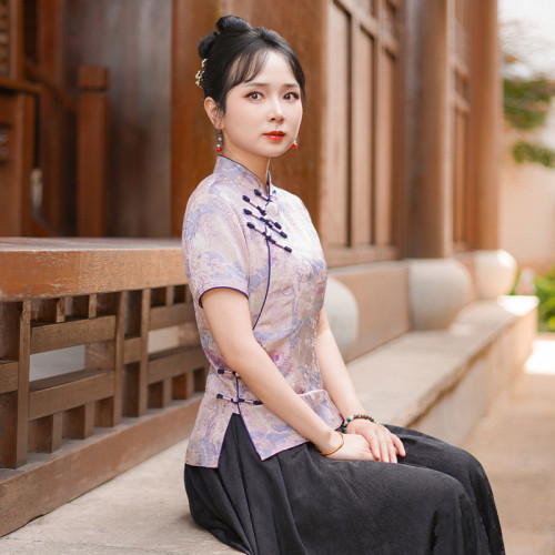 筠雅夏季新款唐装上衣女中式改良修身显瘦气质斜襟短袖上衣25J210