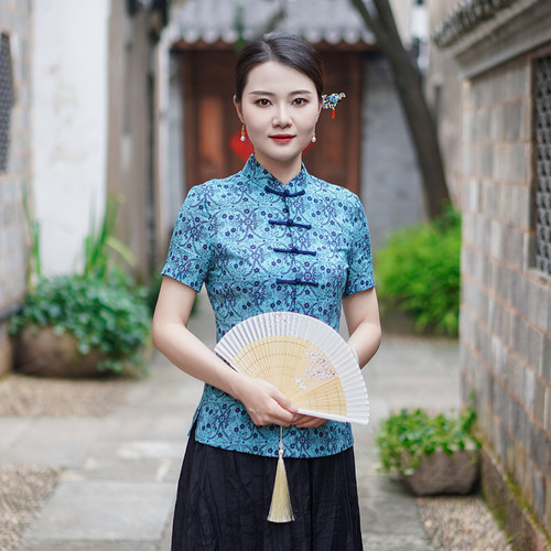 筠雅夏季新款简约清新旗袍式上衣唐装女改良版修身复古素衣24J240