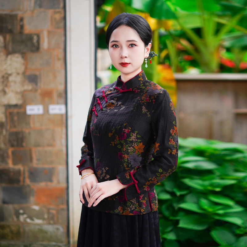 筠雅秋季新款中国风唐装上衣女新中式改良复古女士斜襟长袖25J061