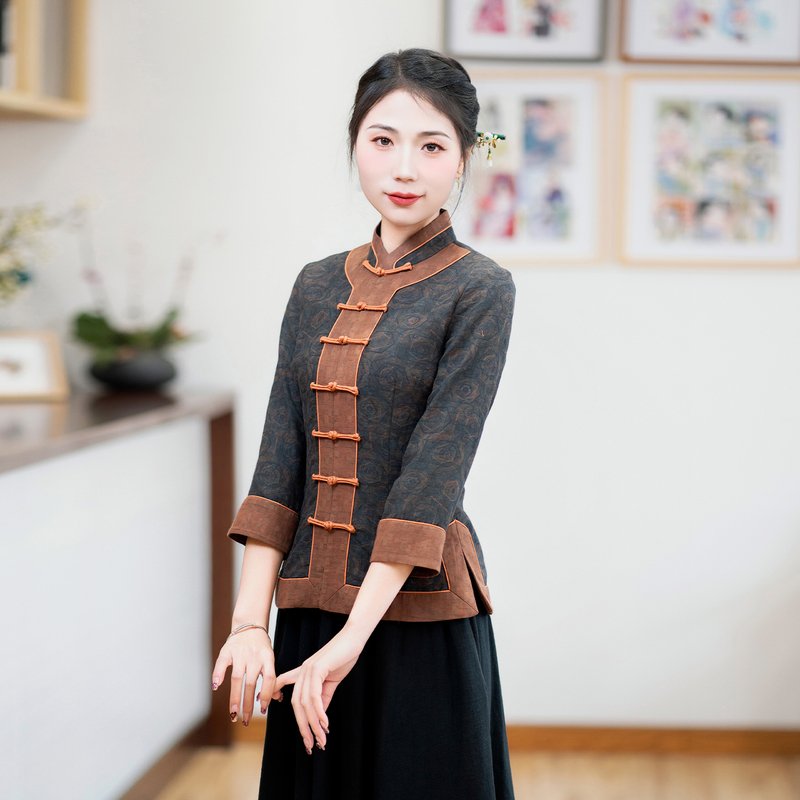 筠雅唐装中国风女装中式立领旗袍上衣2025新款复古收腰茶服24R603