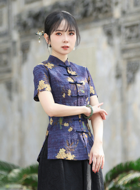 筠雅唐装女装中国风旗袍上衣夏季新款复古时尚收腰显瘦茶服24J116