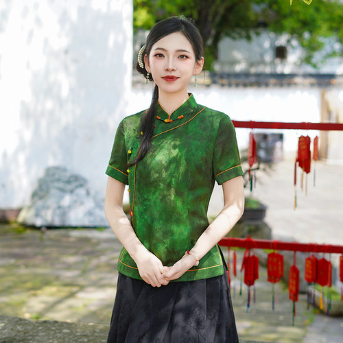 筠雅夏季新款复古改良中式唐装中国风年轻款斜襟短袖上衣女26J399