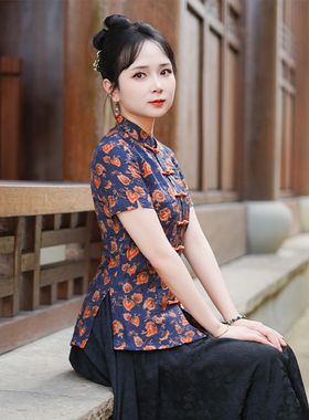 筠雅夏季新款唐装上衣女中式改良修身减龄复古女士斜襟短袖25J206