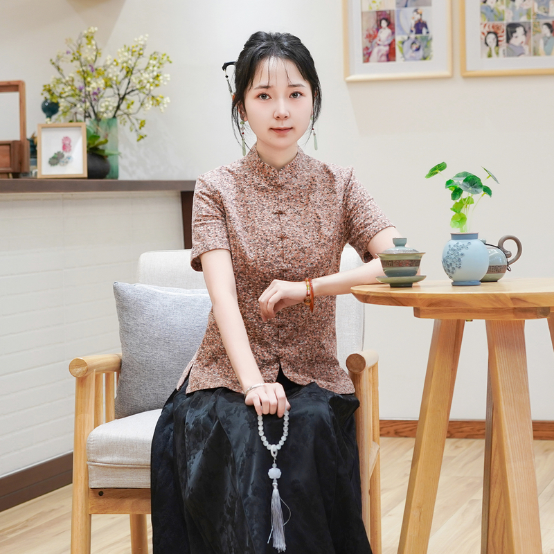 棉夏季新款收腰显瘦中国风上衣