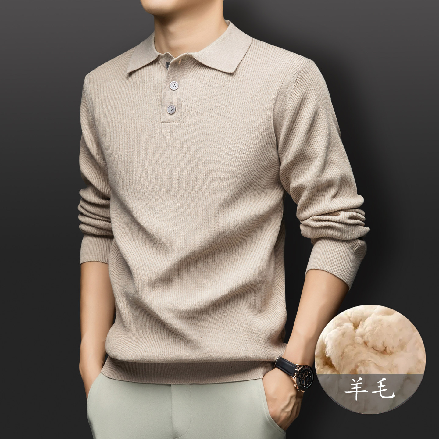 （含羊毛）针织男士秋冬季长袖软糯休闲Polo领纯色套头毛衣外套