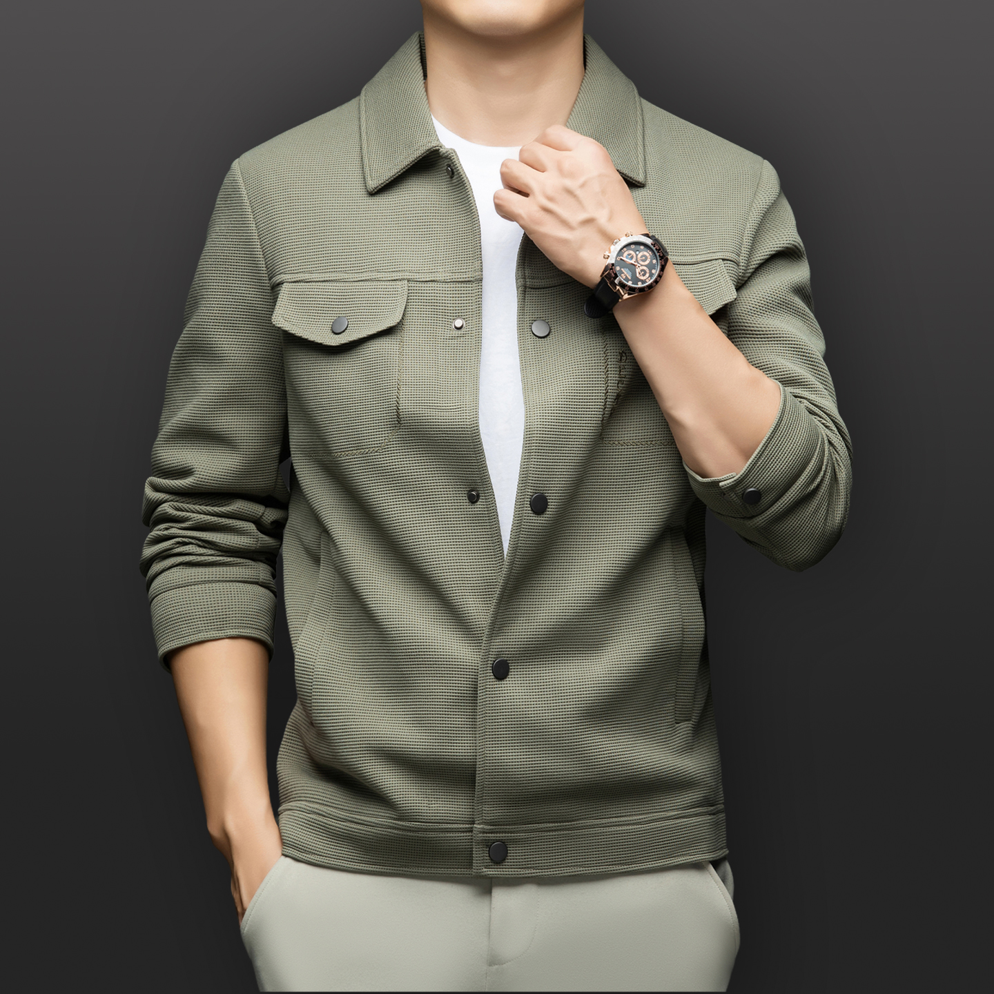 含桑蚕丝翻领华夫格夹克秋外套男