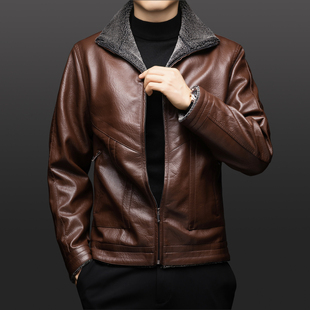 夹克男pu皮秋冬季商务休闲翻领开衫外套中青年加绒加厚加大码皮衣