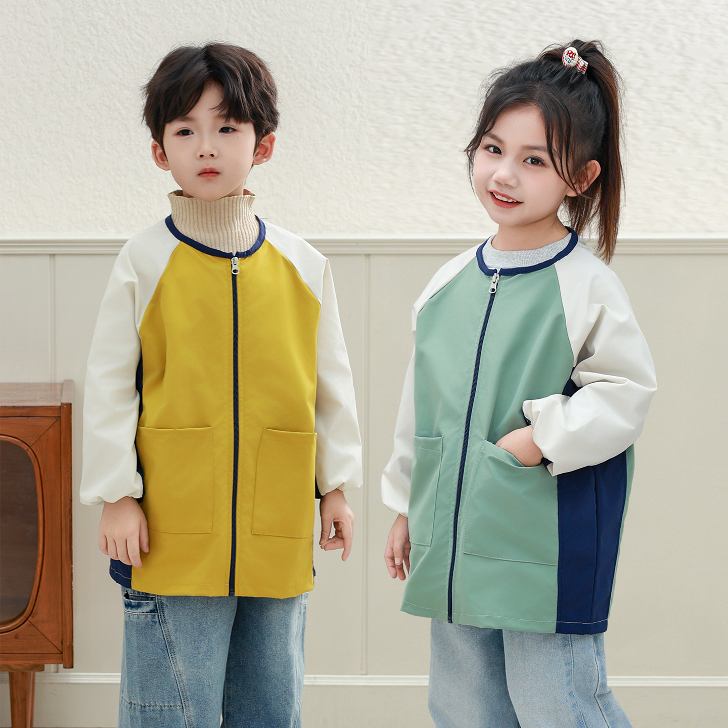 拼色防水罩衣聚脂钎维休闲