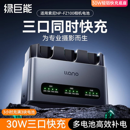 绿巨能np-fz100相机电池充电器30W轻铝快充底座三口适用索尼sony A7M4 a7m3 A7c2 A7R3 a7s3 A7R4 A6700单反
