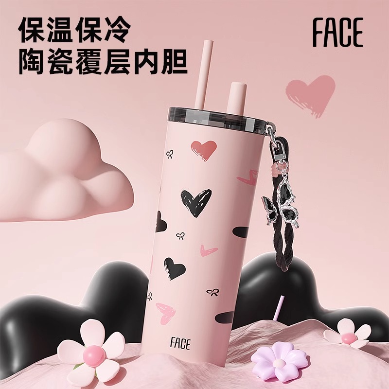 face吸管保温杯保冷圣诞新款女高颜值陶瓷内胆咖啡杯子大容量水杯