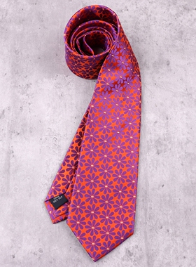 尖货真丝提花七折手工领带8CM男士商务正装桑蚕丝刺绣橙色紫小花