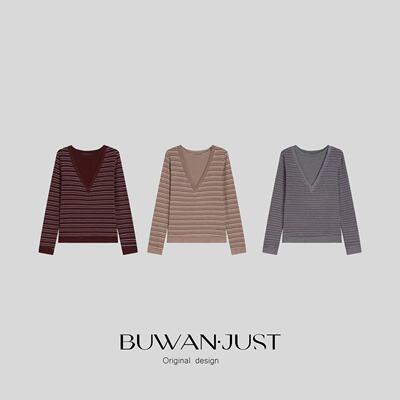 BUWANJUST 磨毛双面绒感软糯亲肤大V显瘦设计撞色打底衫 B2138