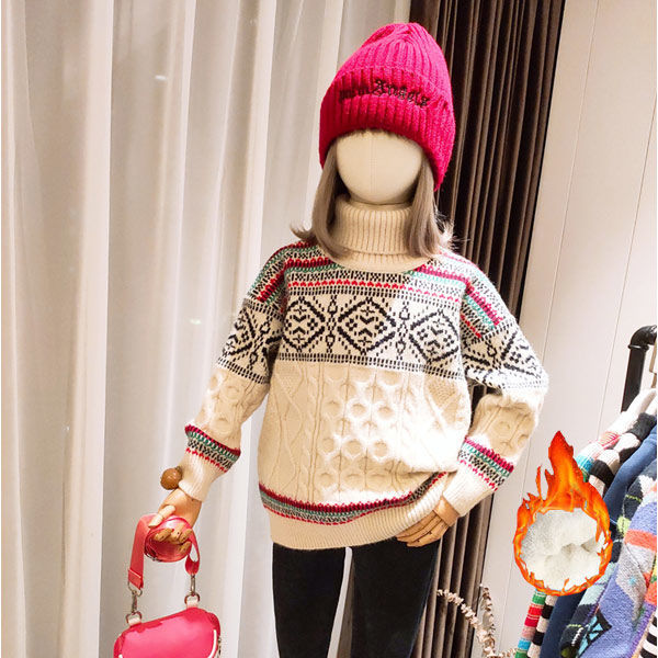 儿童高领加绒加厚毛衣2025冬季新款韩版女童洋气宽松撞色针织衫