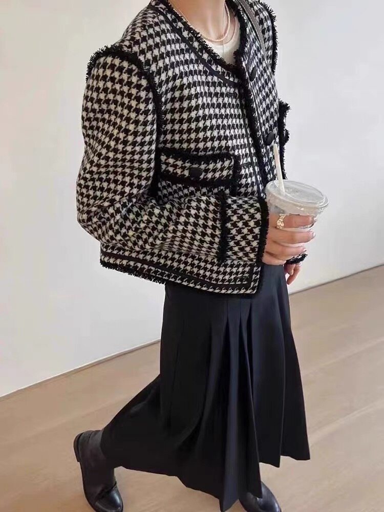 韩货档口千鸟格小香风外套女秋冬毛呢高级感气质名媛短款上衣羽绒