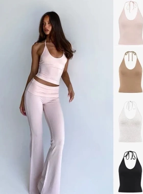 欧美csb无标轻薄浅粉色瑜伽普拉拖地微喇长裤运动深V挂脖美背吊带