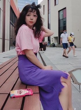 MRV小个子穿搭140145小个子不规则紫色冰丝磨毛包臀裙半裙