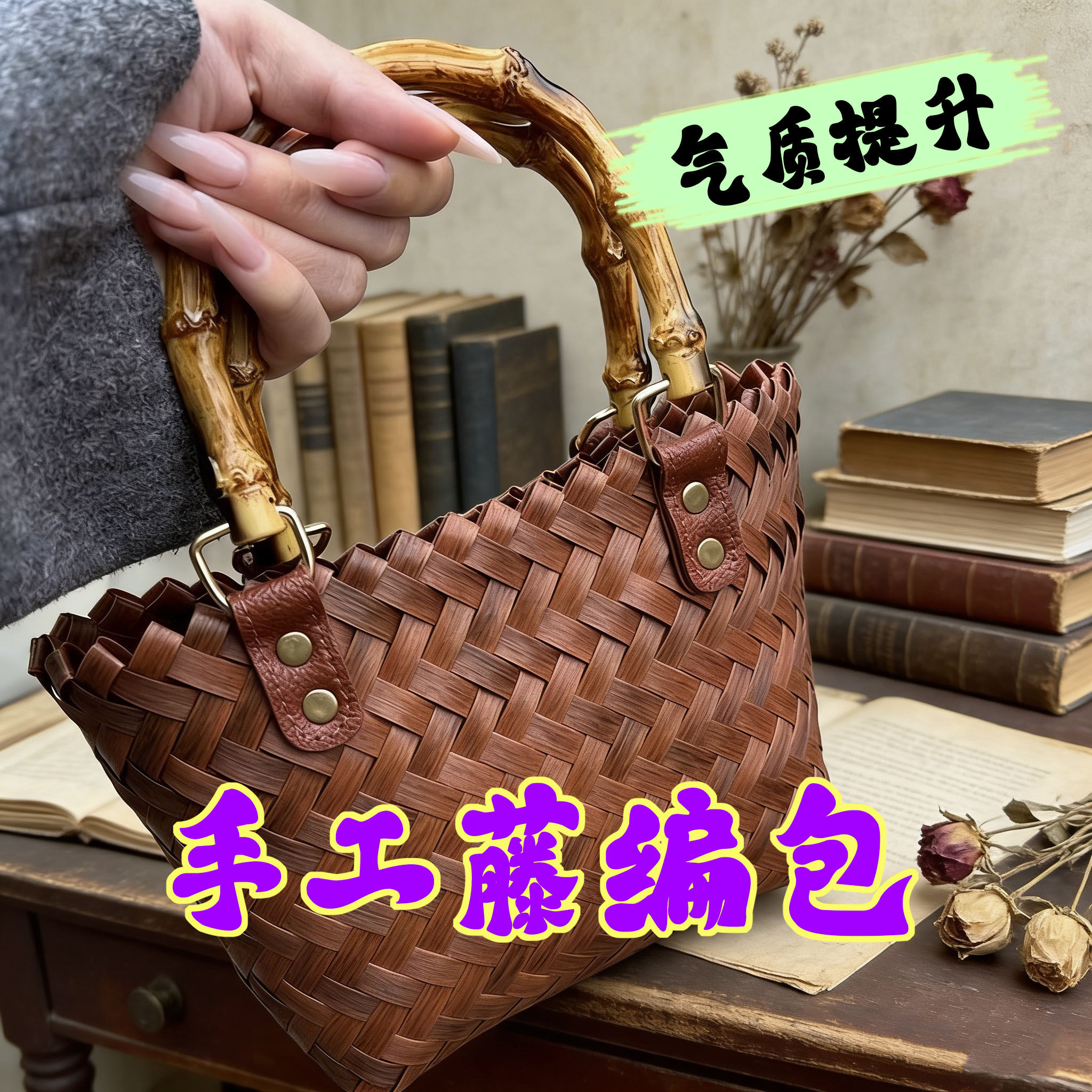 好看气质款复古手提编织包仿竹节提手购物篮大小号活动创意礼品篮