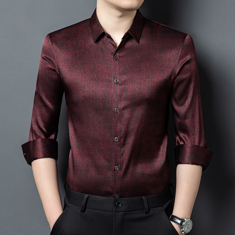 高端真丝衬衫男香云纱轻奢质感桑蚕丝重磅面料春秋通勤爸爸装洋气