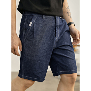 子半松紧腰中裤 男复古百搭立体休闲裤 痞帅牛仔蓝色直筒短裤 LUUD